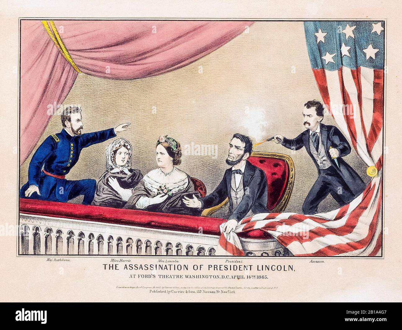 Präsident Abraham Lincoln Attentat, 14. April 1865 im Ford's Theatre, gedruckt von Currier and Ives, 1865 Stockfoto