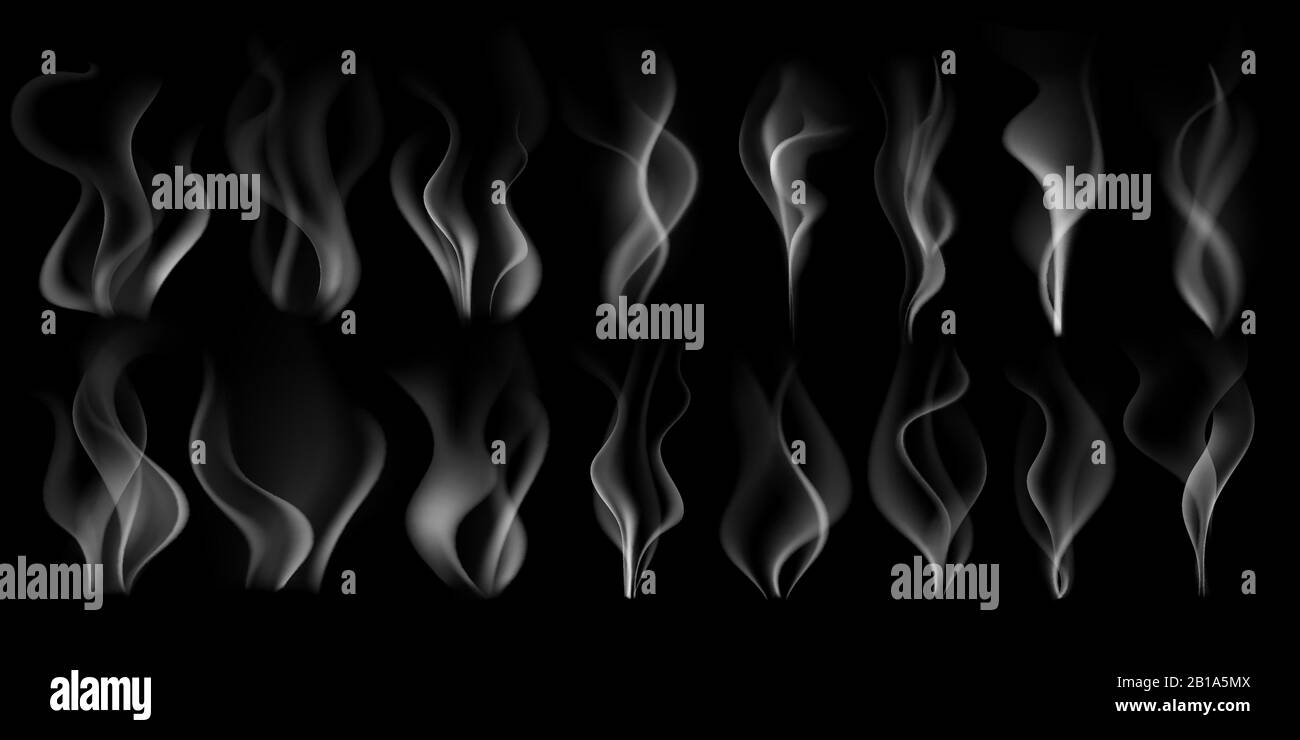 Dampfender Rauch. Heißer Dampfstrom, Rauchwolke und Dampf aus der Kaffeetasse isolierten realistischen 3D-Vektorgrafik-Set Stock Vektor