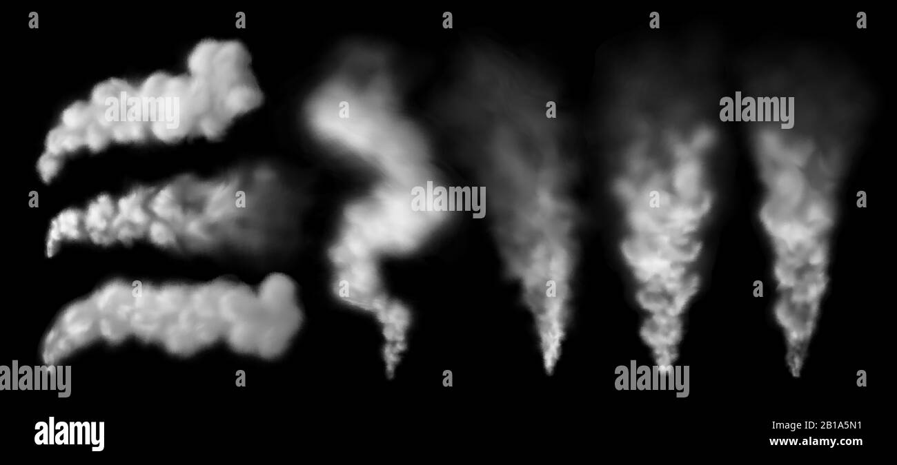 Räucherdampf. Rauchpuff aus Kamin, dampfender Geysir- und Explosionswolke isolierter Vektorsatz Stock Vektor