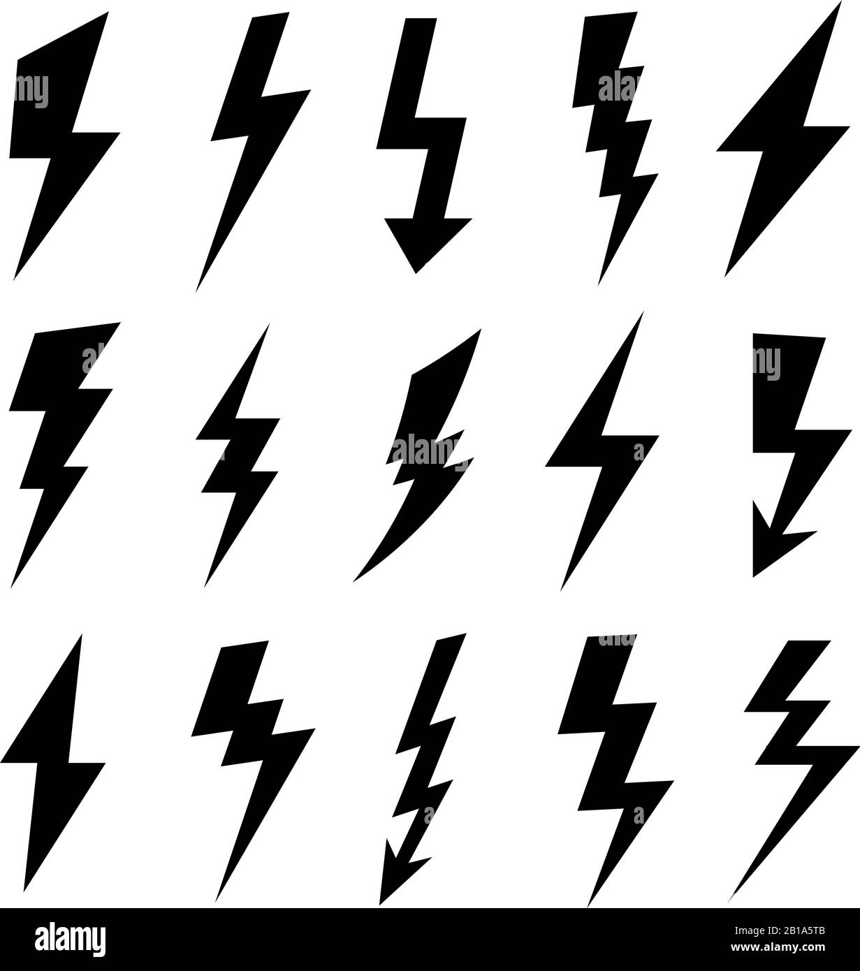 Thunderbolt Silhouette. Elektrisches Blitzsymbol, elektrische Hochspannung und Donner Blitzsilhouetten Symbole Vektor-Set Stock Vektor