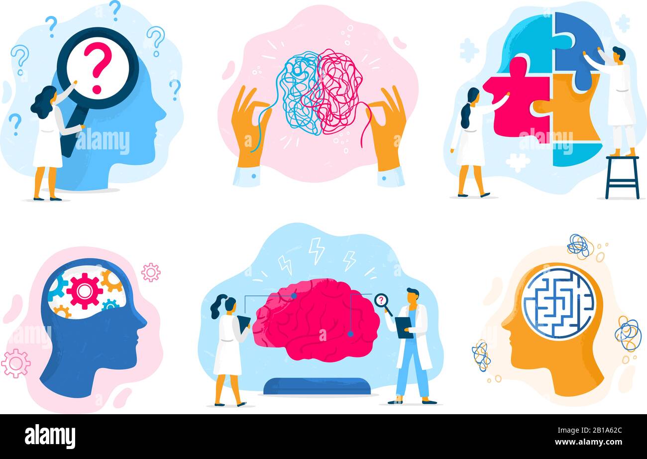 Mentale Gesundheitstherapie. Emotionale Zustand, Mentalität Gesundheitswesen und medizinische Therapien Prävention psychische Probleme Vektor-Illustration Set Stock Vektor