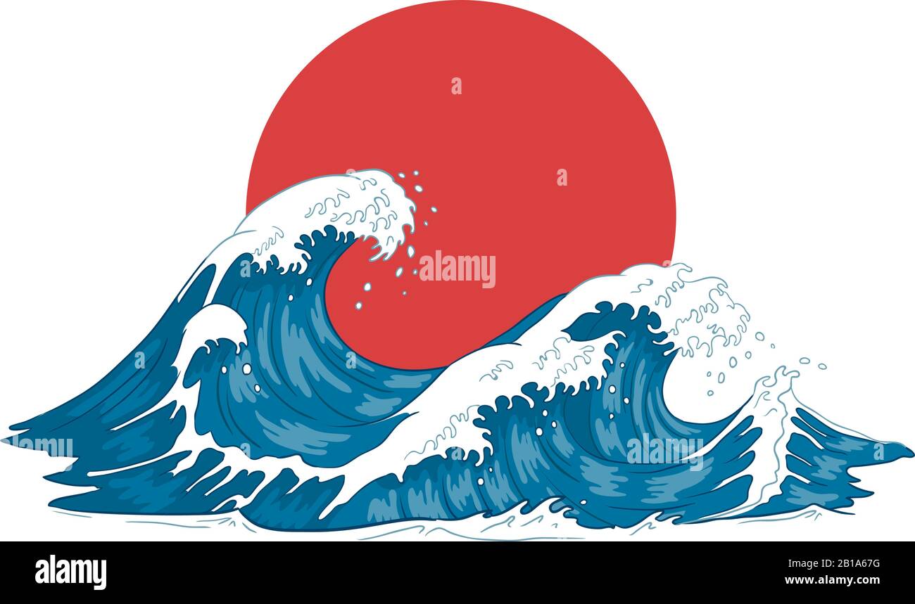 Japanische Welle. Japanische große Wellen, reißender Ozean und klassische Seewasser-Vektorgrafiken Stock Vektor