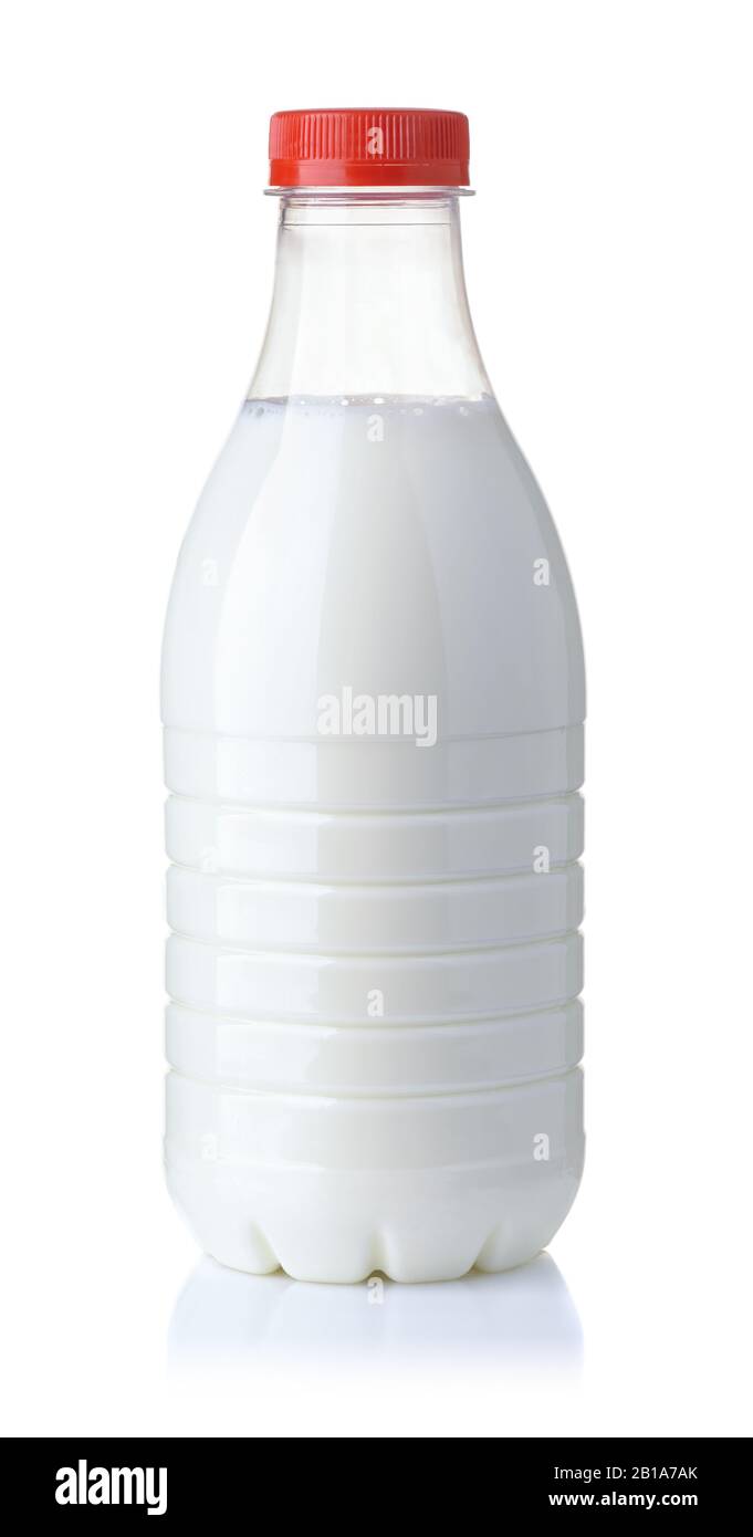 Vorderansicht der Kunststoff-Milchflasche isoliert auf weiß Stockfoto