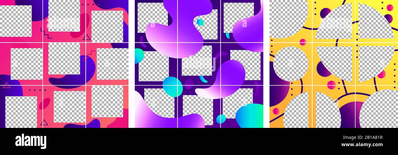 Fluidige Formen nach der Vorlage. Bunte abstrakte trendige Social Media Fotorahmen Posts, Puzzle Raster Vorlagen Layout Vector Set Stock Vektor