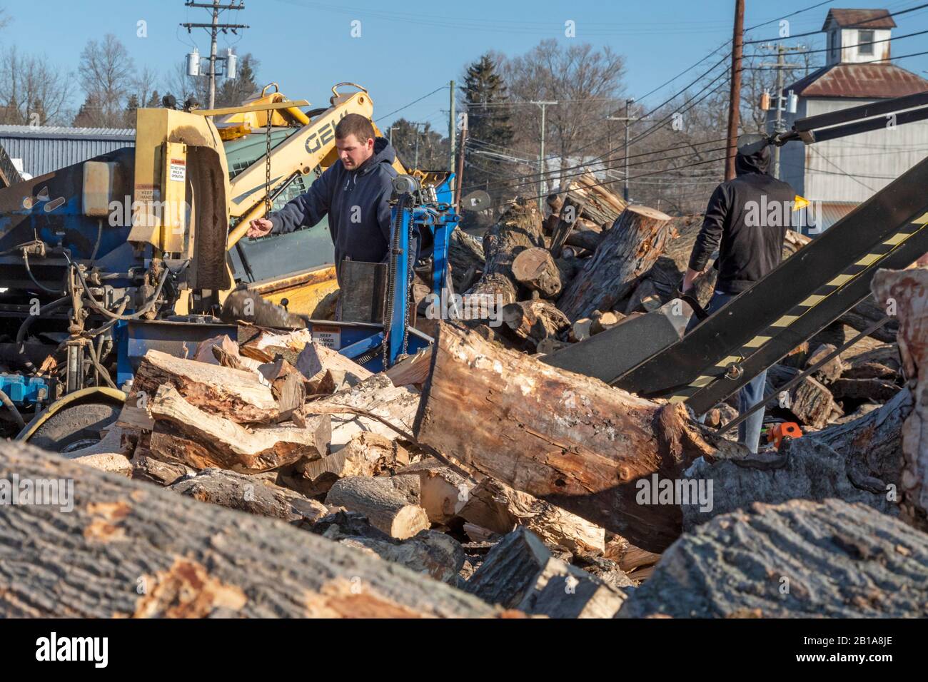 Memphis, Michigan - Arbeiter für die fortschrittliche Brennholzverarbeitung haben Holzstämme für Brennholz aufgeschnitten, die viele in diesem ländlichen Gebiet zum Heizen ihrer Häuser verwenden. Stockfoto