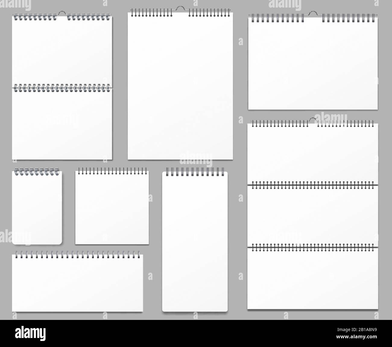 Kalender-Mockup. Wandkalender auf Metallspiralen, hängenden Notizseiten und Notizbuchseiten 3D realistische Vektorgrafiken Stock Vektor