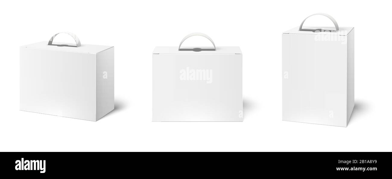 Schachtel mit Griff. Verpackungskartons Mockup, weiße, leere Verpackungsgriffe und Kartonverpackungen 3D-Vektorgrafiksatz Stock Vektor