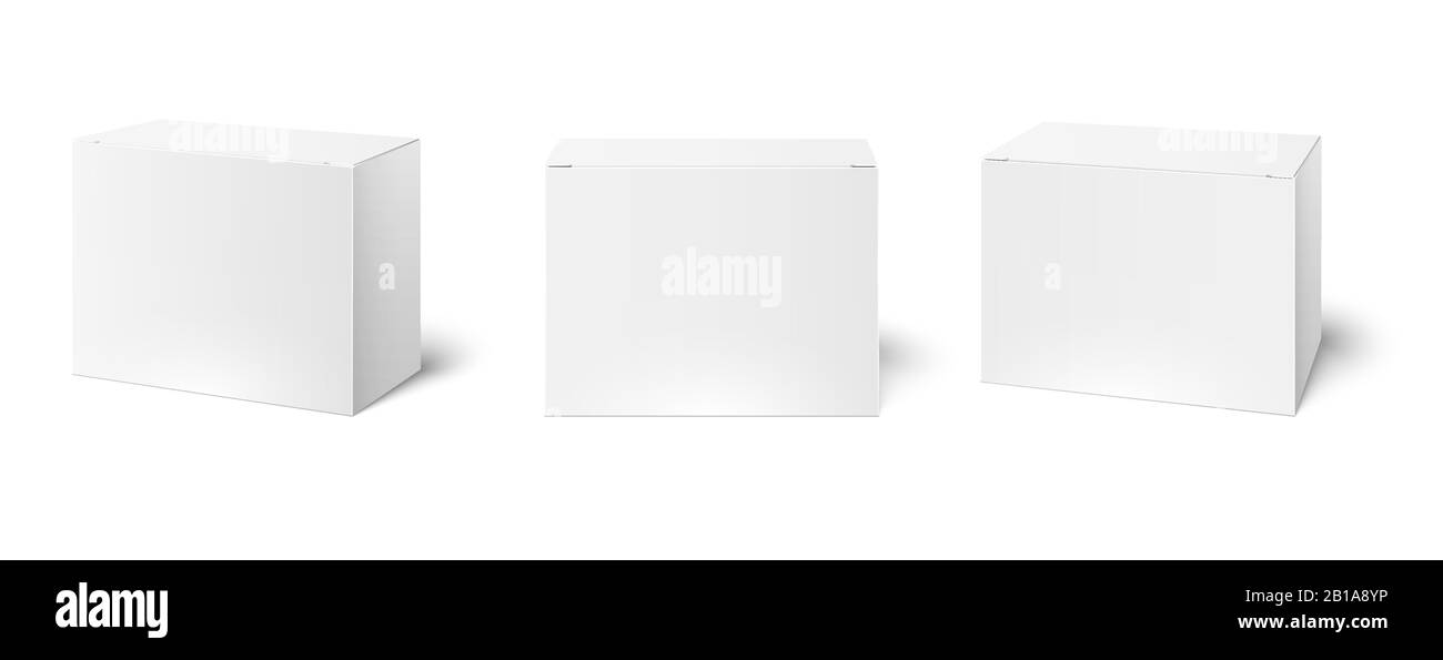 Weiße Schachtel Mockup. Leere Verpackungsboxen, Würfelperspektive und Kosmetik Produktpaket Mockups 3D Vektor Illustration Set Stock Vektor
