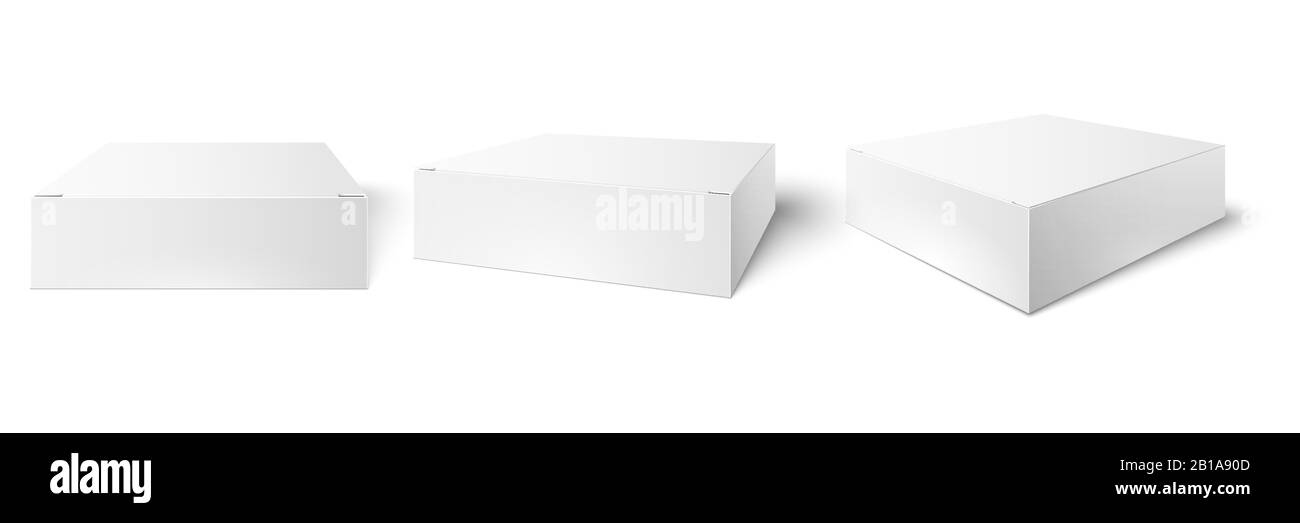 Weiße Verpackung. Leerer Mockup, perspektivische Ansicht des Paketwürfels und Produktboxen für Verbraucher verpacken 3D-Vektorgrafiksatz Stock Vektor