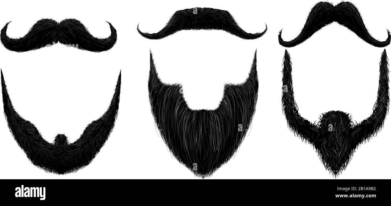 Schnurrbart und Bart. Man bärtet Stil, lockige Schnurrbart Maske und Vintage Fake Moustache isolierter Vektorsatz Stock Vektor