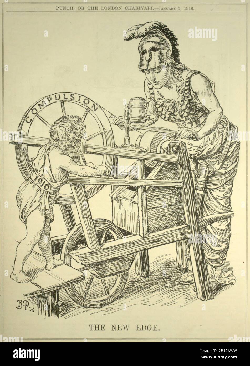 Die Neue Kante. Punch, Das Jahr 1916. Künstler: Bernard Partridge 1861-1945. Im Januar 1916 wurde das Militärdienstgesetz verabschiedet. In dem Gesetz wurde festgelegt, dass alleinstehende Männer im Alter von 18 bis 40 Jahren für den militärischen Dienst haftbar gemacht werden sollten, es sei denn, sie waren verwitwet mit Kindern oder Ministern einer Religion (ausgenommen Irland) Stockfoto