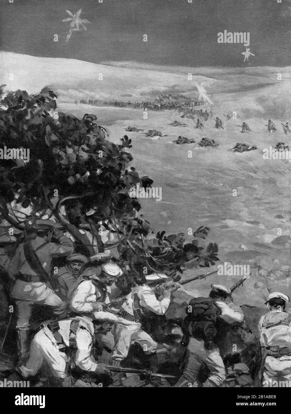 Eine Illustration um 1911 von Matrosen der Royal Italian Navy, die sich in der Nacht vom 9th 1911. Auf den 1911. Oktober in Libyen während des italienischen Türkenkrieges von 1912 auf gegen einen Angriff der türkischen Armee vor Tripolis verteidigten. Stockfoto