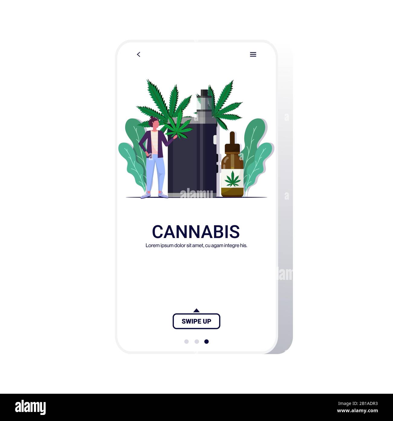 Frau, die Cannabisblatt mit Vaporizer e-CBD Vaping Drogenkonsumkonzept Marihuana Flüssigkeit für Vaping Smartphone-Bildschirm mobile App Kopier Raum volle Länge Vektor Illustration Stock Vektor