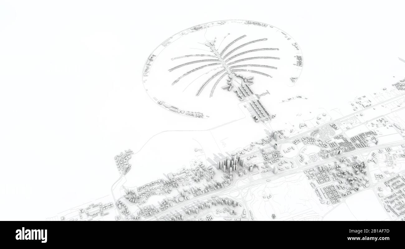 Dubai Stadtplan 3D Rendering. Satellitenansicht der Antenne. Stockfoto