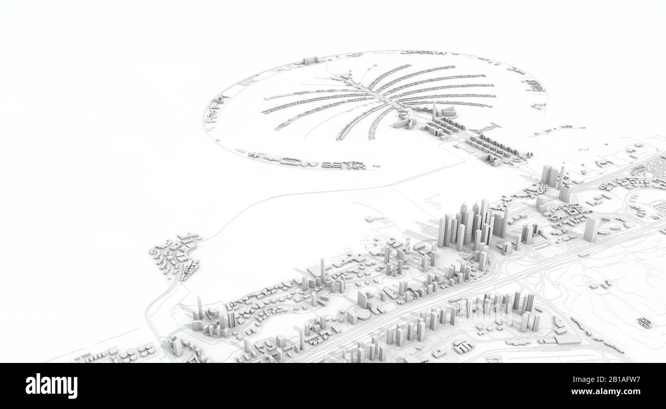 Dubai Stadtplan 3D Rendering. Satellitenansicht der Antenne. Stockfoto