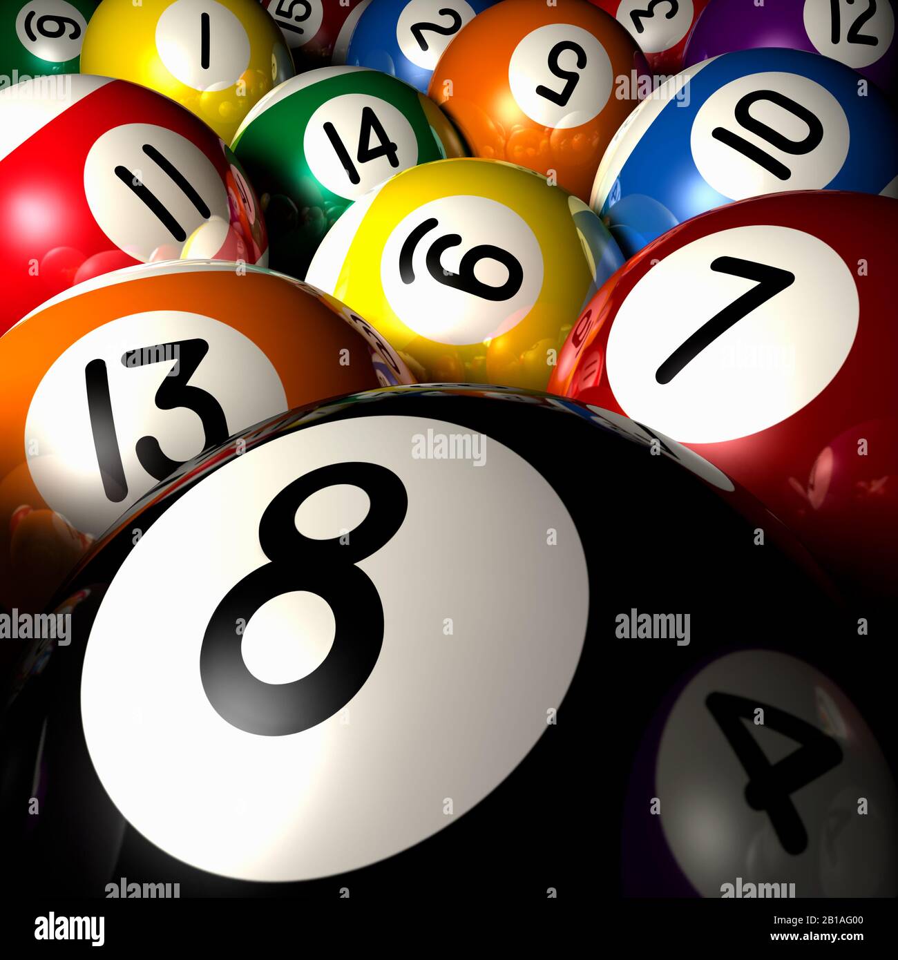 Poolball nah dran. 8 Kugeln, 7 Kugeln, nummerierte farbige Kugeln, Stockfoto