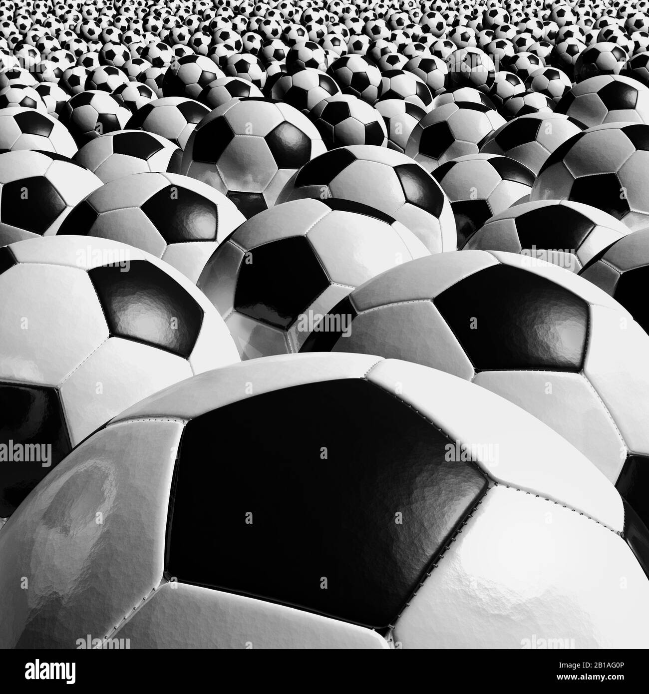 Fußball-Bälle schließen sich. Traditionell schwarz-weiß, Sauber und neu. Stockfoto
