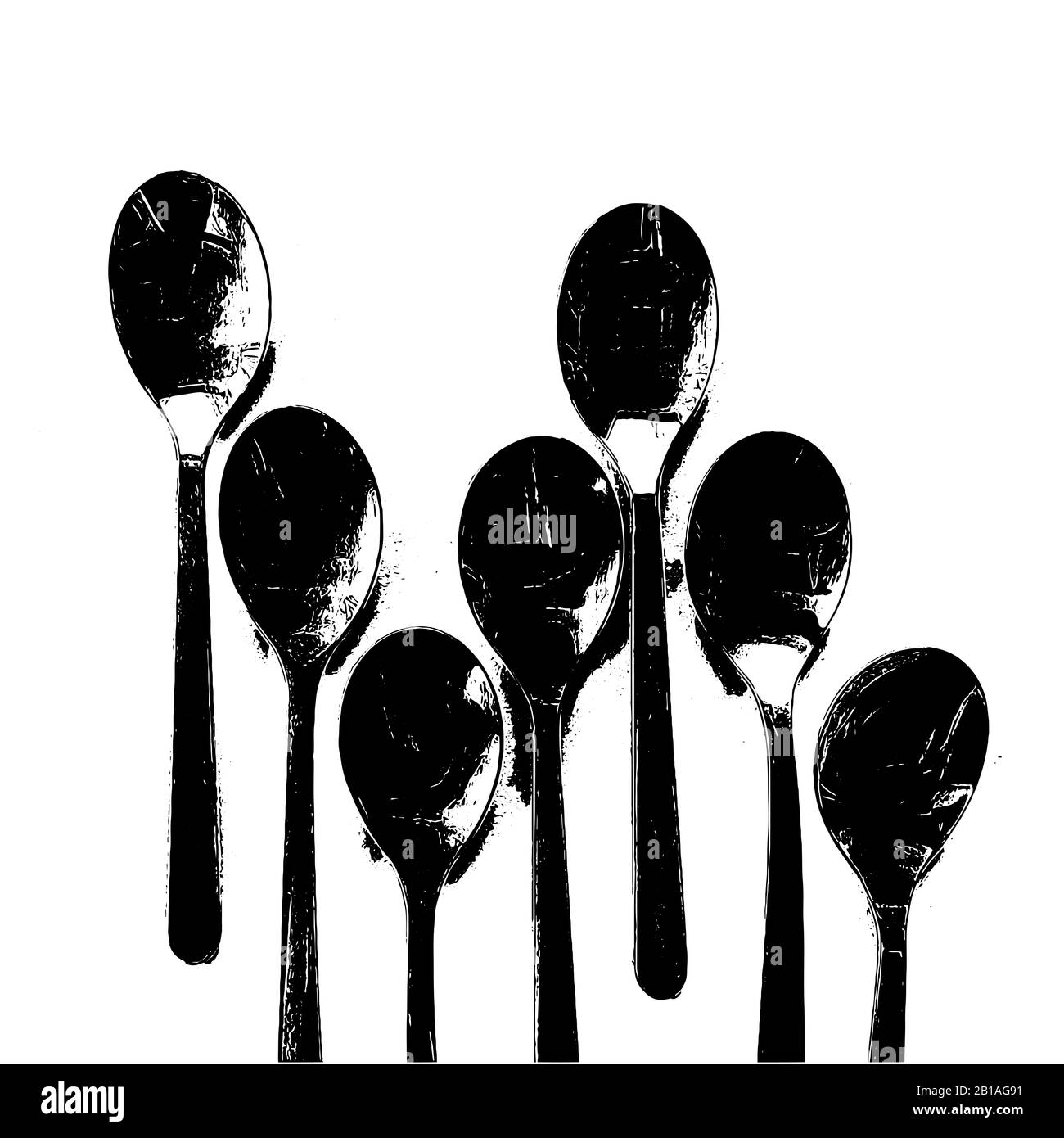 Gruppe moderner Löffel einer Küche in einer Illustration mit hohem Kontrast Stockfoto