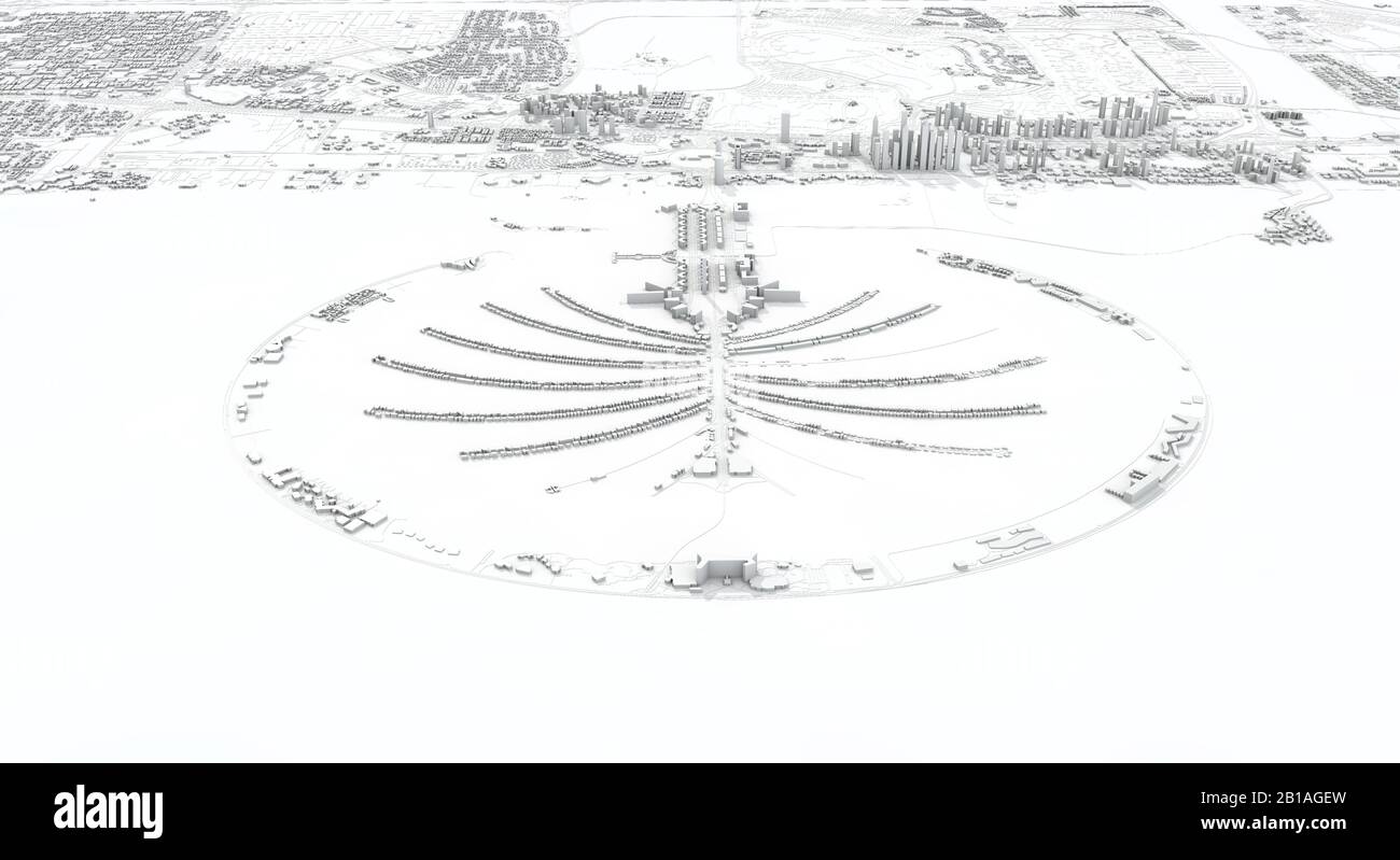 Dubai Stadtplan 3D Rendering. Satellitenansicht der Antenne. Stockfoto