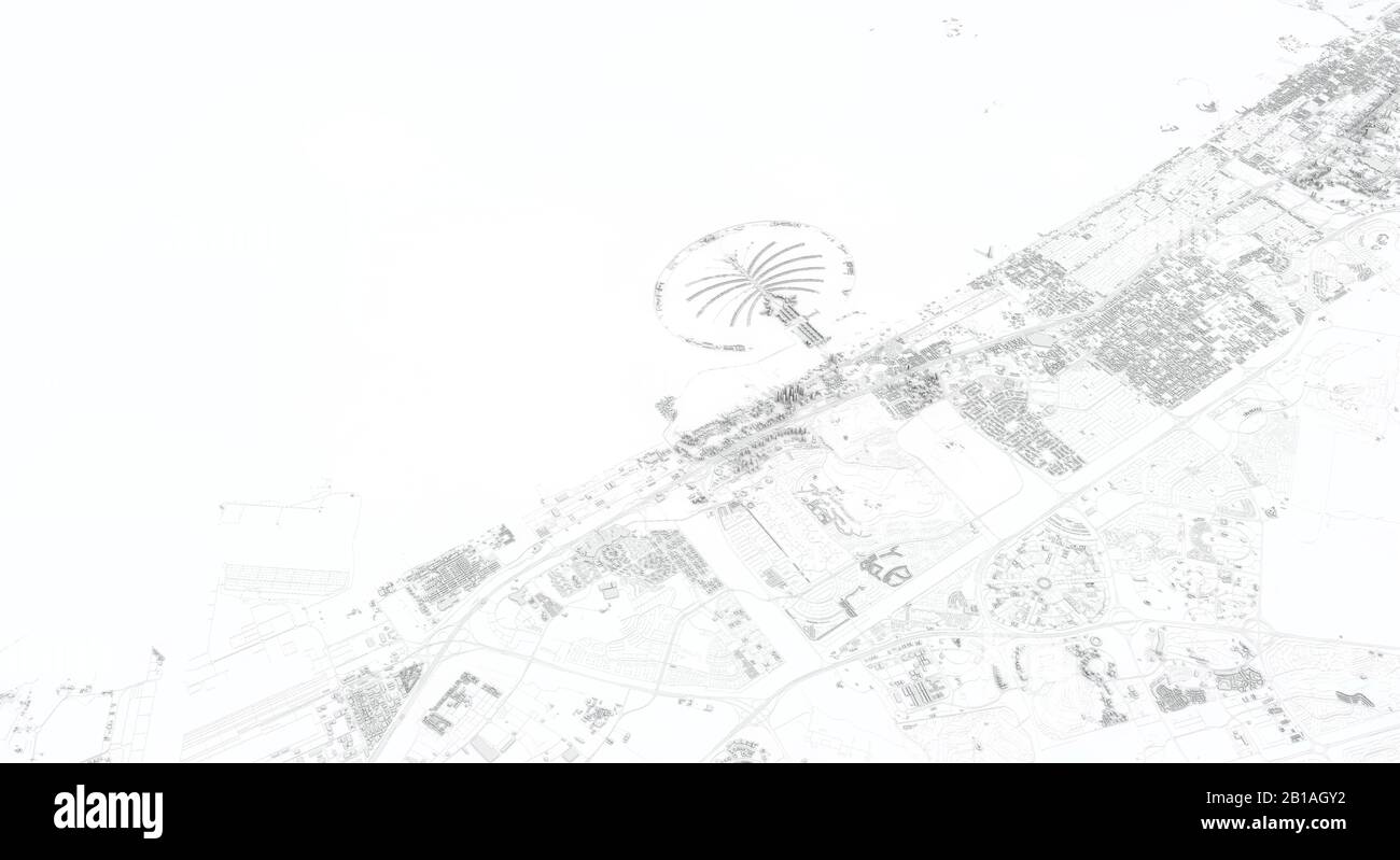 Dubai Stadtplan 3D Rendering. Satellitenansicht der Antenne. Stockfoto