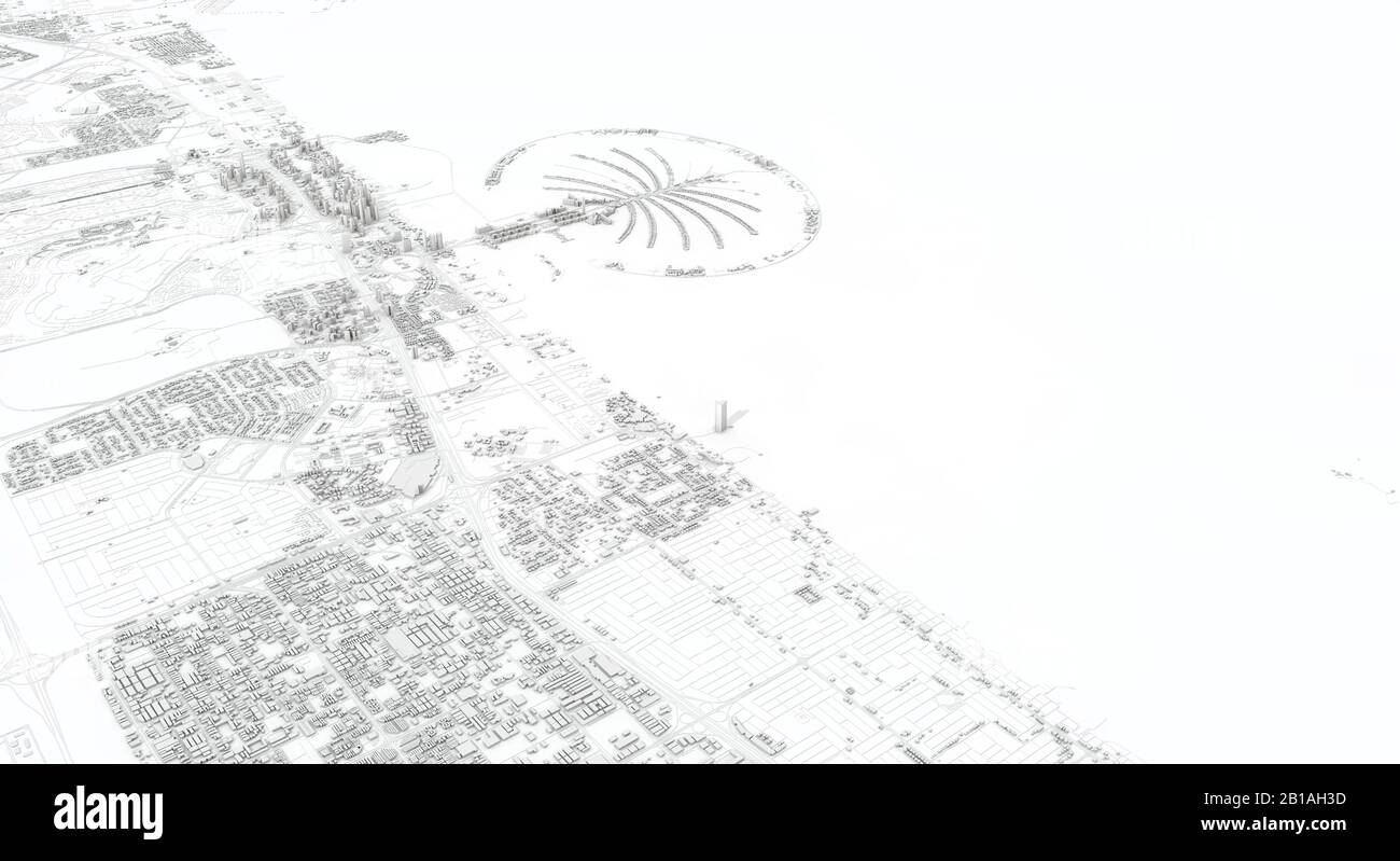 Dubai Stadtplan 3D Rendering. Satellitenansicht der Antenne. Stockfoto