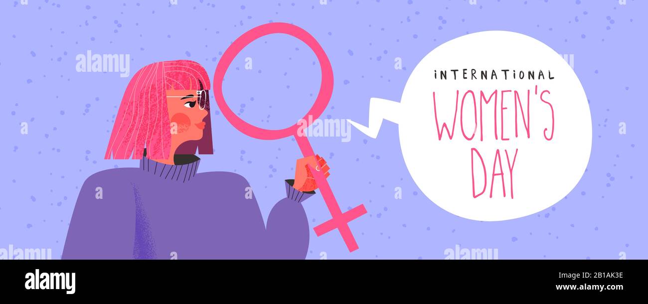 Internationale Webbanner für Den Frauentag Illustration des jungen Hüpfermädchens mit weiblichem Symbol, Frauenrechtlerkonzept für die Feier i am 8. märz Stock Vektor