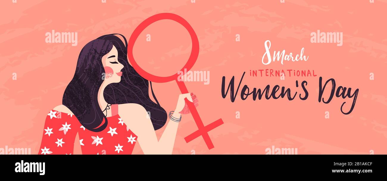 Internationale Webbanner für Den Frauentag Illustration von schönen Mädchen mit Frauensymbol, Frauenrechtlerkonzept für die Feier am 8. märz in ha Stock Vektor