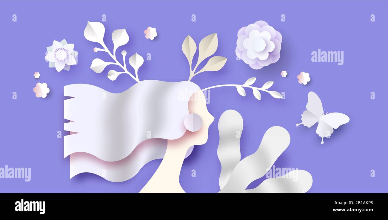PaperCut Blumenstrauß-Illustration mit schöner Frau Kopf auf isoliertem rosa Hintergrund. Vorlage für 3D-Papierhandwerk im Frühjahr mit Schmetterling, Stock Vektor