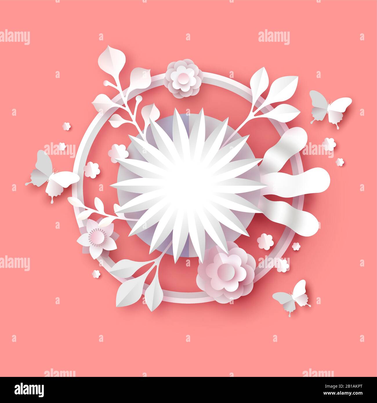 PaperCut Blumenstrauß-Illustration mit leerem Kopienrahmen auf isoliertem pinkfarbenem Hintergrund. Die Vorlage für das 3D-Papierhandwerk der Frühjahrssaison enthält Schmetterlinge Stock Vektor