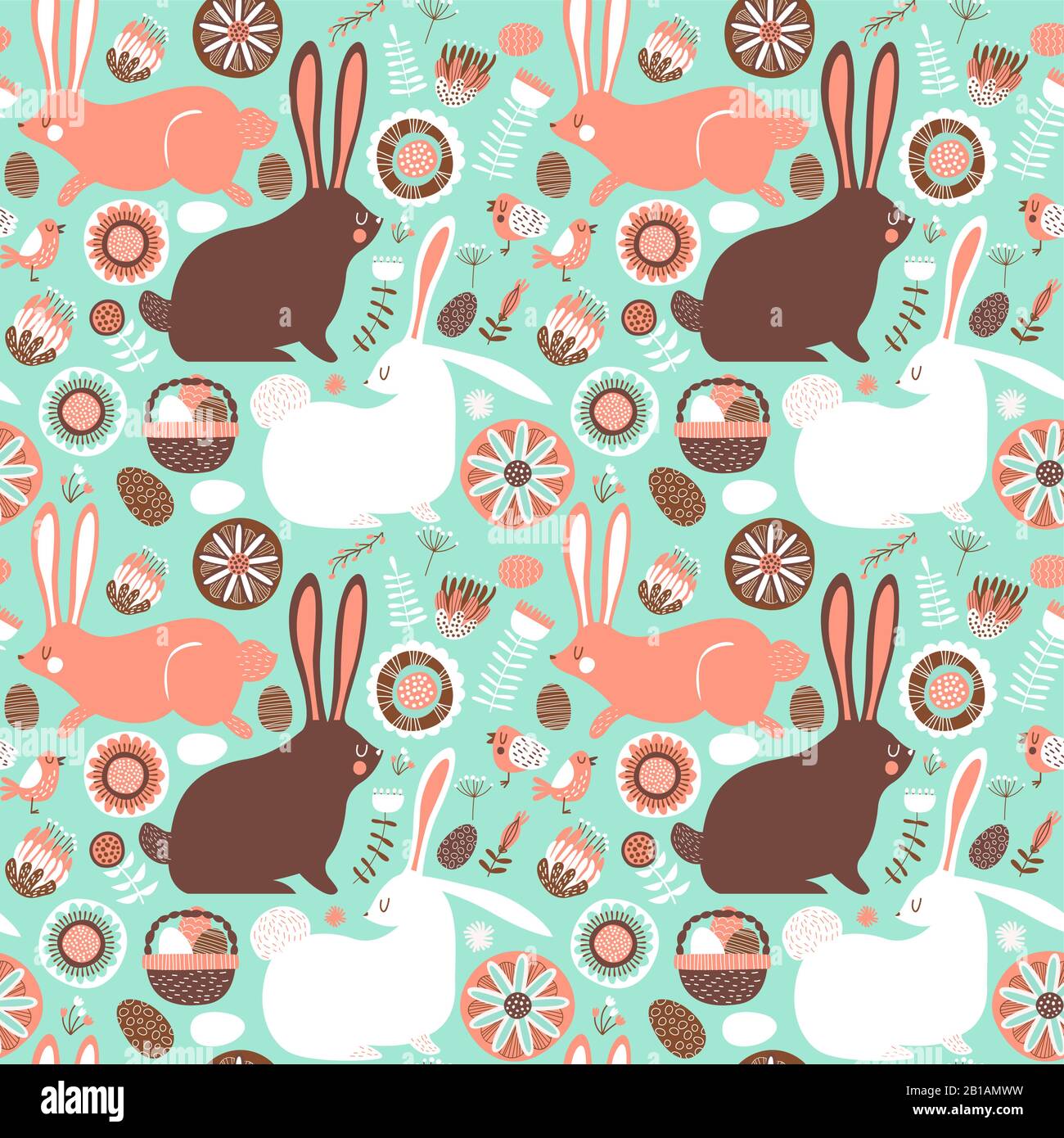 Oster Kaninchen nahtloses Muster, festlicher Hintergrund für traditionelle Feiertagsereignisse. Süße handgezeichnete bunte Tierdodles mit floraler Volksdekoration und Stock Vektor