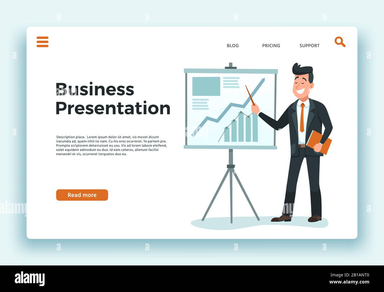 Geschäftspräsentation. Präsentator Businessman, wachsende Zeitplantabelle und Happy Worker Landing Page Cartoon Vector Illustration Stock Vektor