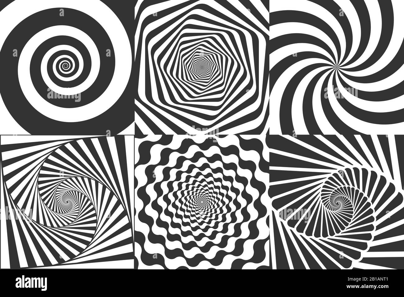 Hypnotische Spirale. Wirbelnde Hypnotise-Spiralen, vertigo geometrische Illusion und rotierende Streifen rund Muster Vektor-Illustration Set Stock Vektor