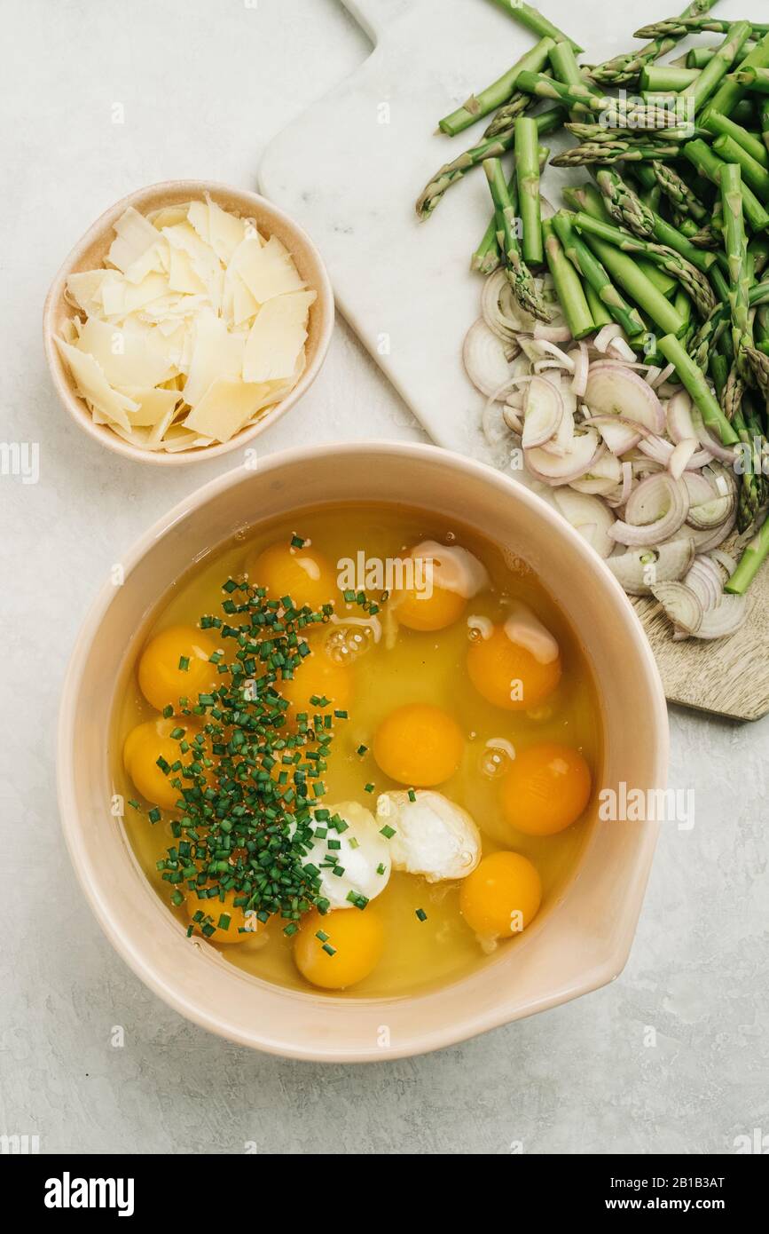 Frittata Zutaten Stillleben Flatlay Stockfoto