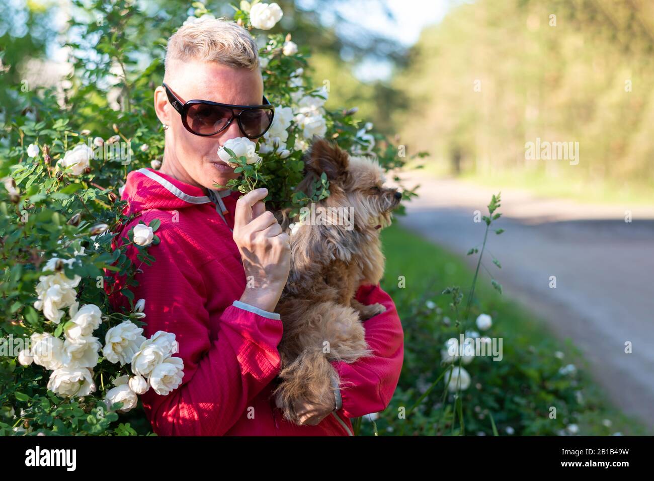 Eine Frau mit einem Hund in Blumen. Stockfoto