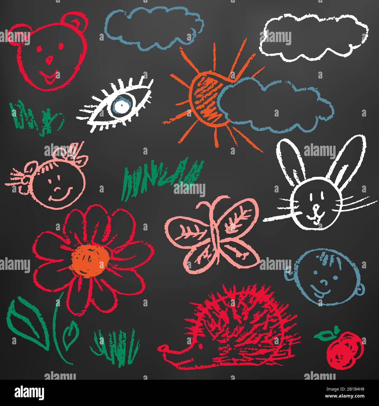 Zeichnungen von Kindern. Elemente für die Gestaltung von Postkarten, Hintergründen, Verpackungen. Ausdrucke für Kleidung. Eine Zeichnung aus farbiger Kreide auf einem schwarzen Brett. Tr Stock Vektor