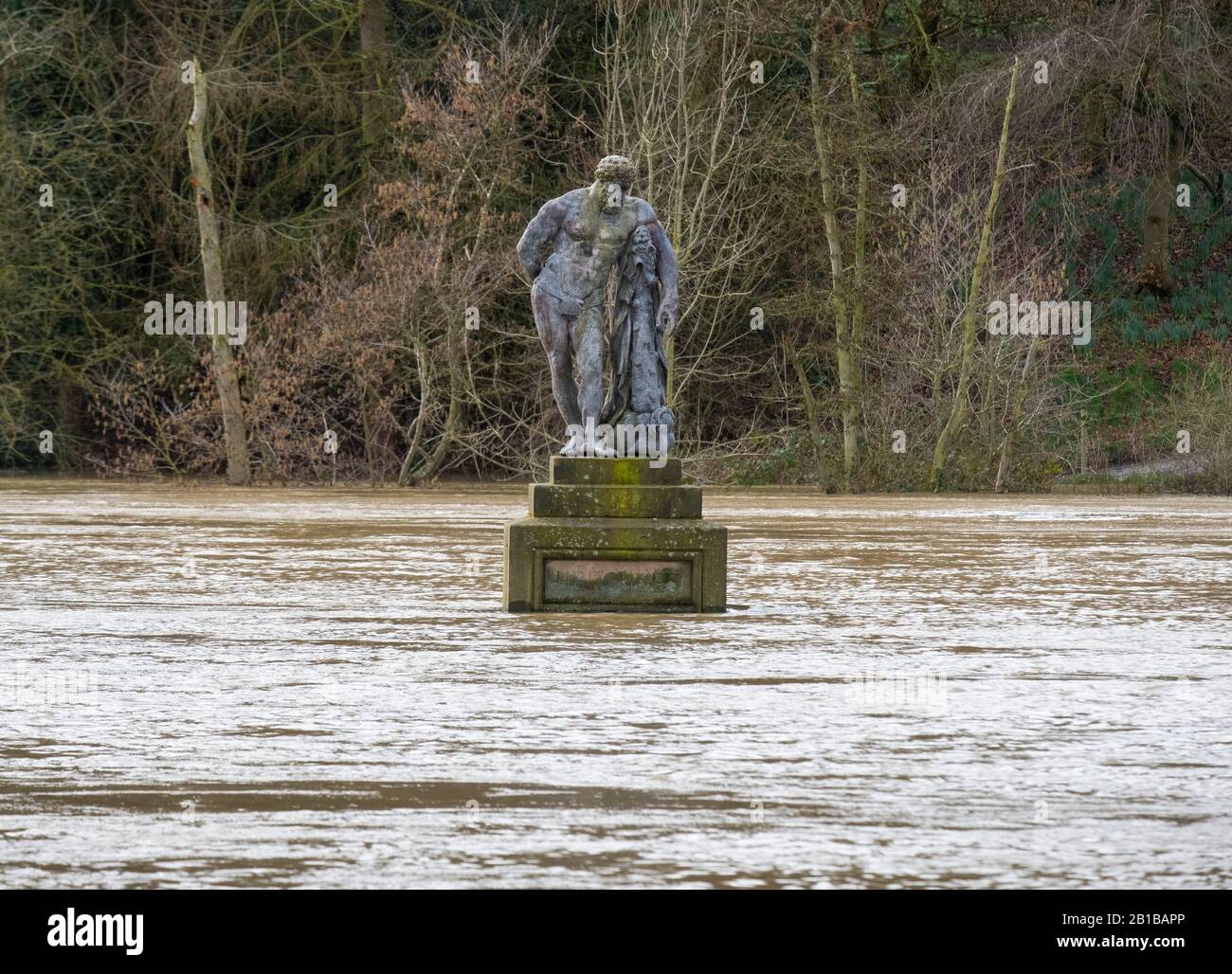 Shrewsbury, Großbritannien. Februar 2020. Statue des Herkules im Steinbruch, umgeben von Hochwasserwasser des Flusses Severn. Kredit: Mike Hayward/Alamy Live News Stockfoto