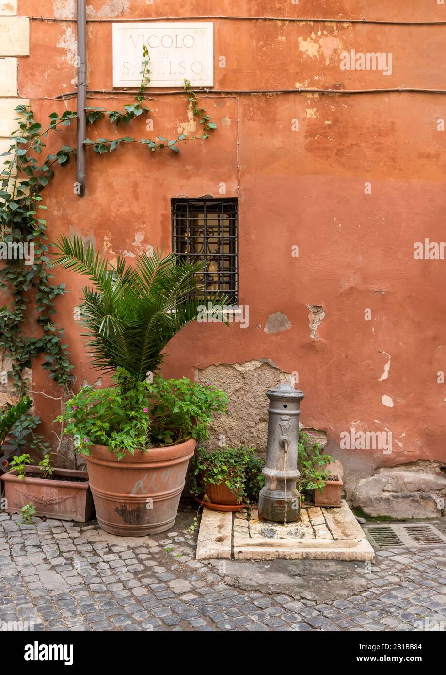 Blumentopf und Straßenwasserpumpe (Trinkbrunnen), Rom, Italien Stockfoto