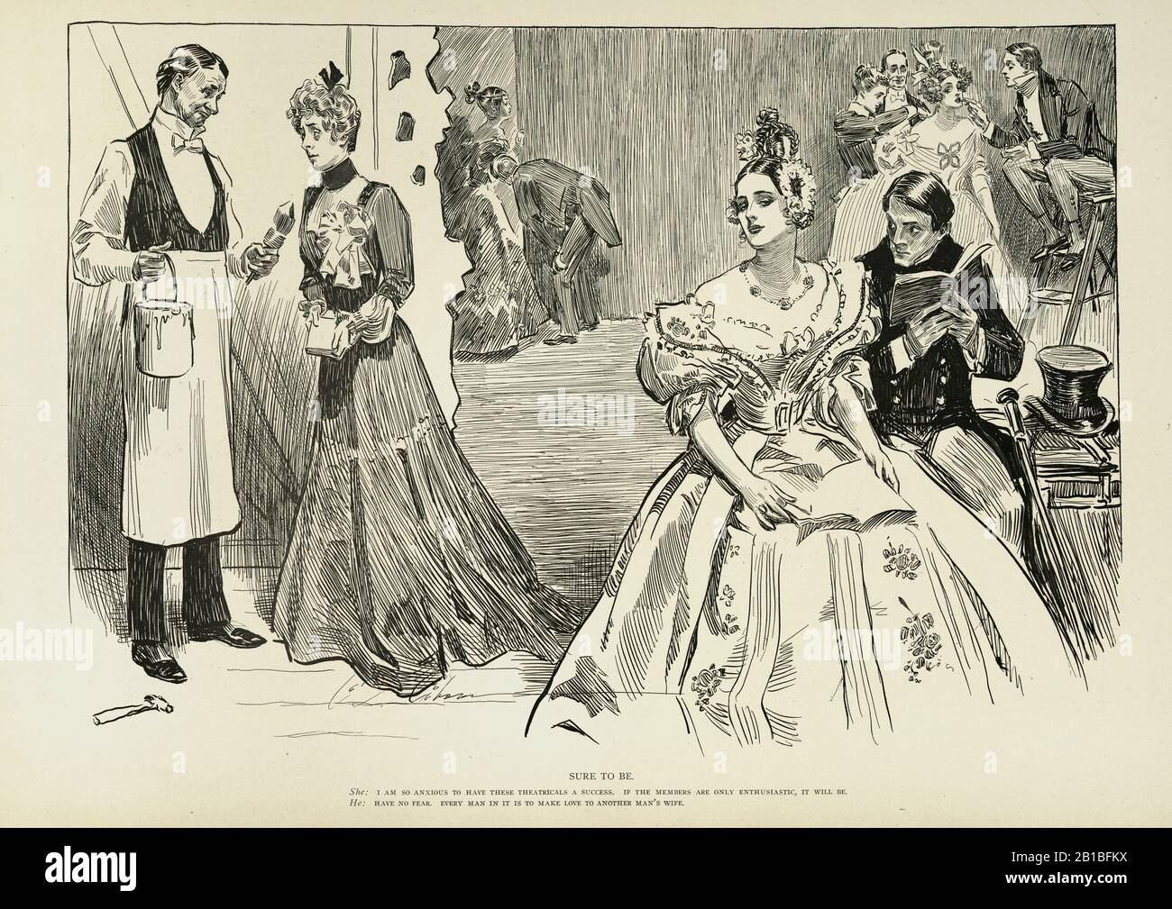 Auf Amateurdramatik aufsetzend, edwardianische satirische Skizze. Eine Witwe Und Ihre Freunde, Charles Dana Gibson. Sicher. Sie: Ich bin so besorgt, dass diese Theatralier ein Erfolg sind. Wenn die Mitglieder nur begeistert sind, wird es sein. Er: Hat keine Angst, jeder Mann darin soll die Frau eines anderen Mannes lieben. Stockfoto