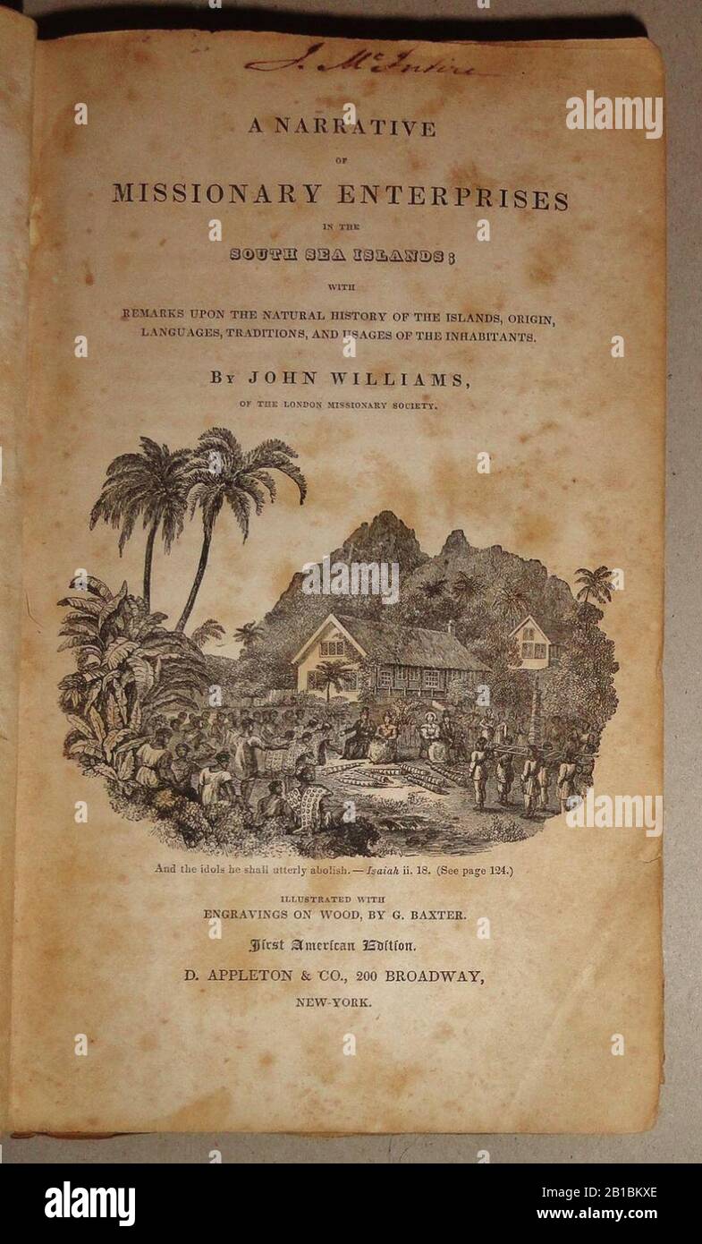 Frontispiz der Erzählung der Missionsbetriebe auf den Südseeinseln von John Williams von der London Missionary Society, Gravuren auf Holz von G. Baxter. Amerikanische Erstausgabe 18344103007. Stockfoto