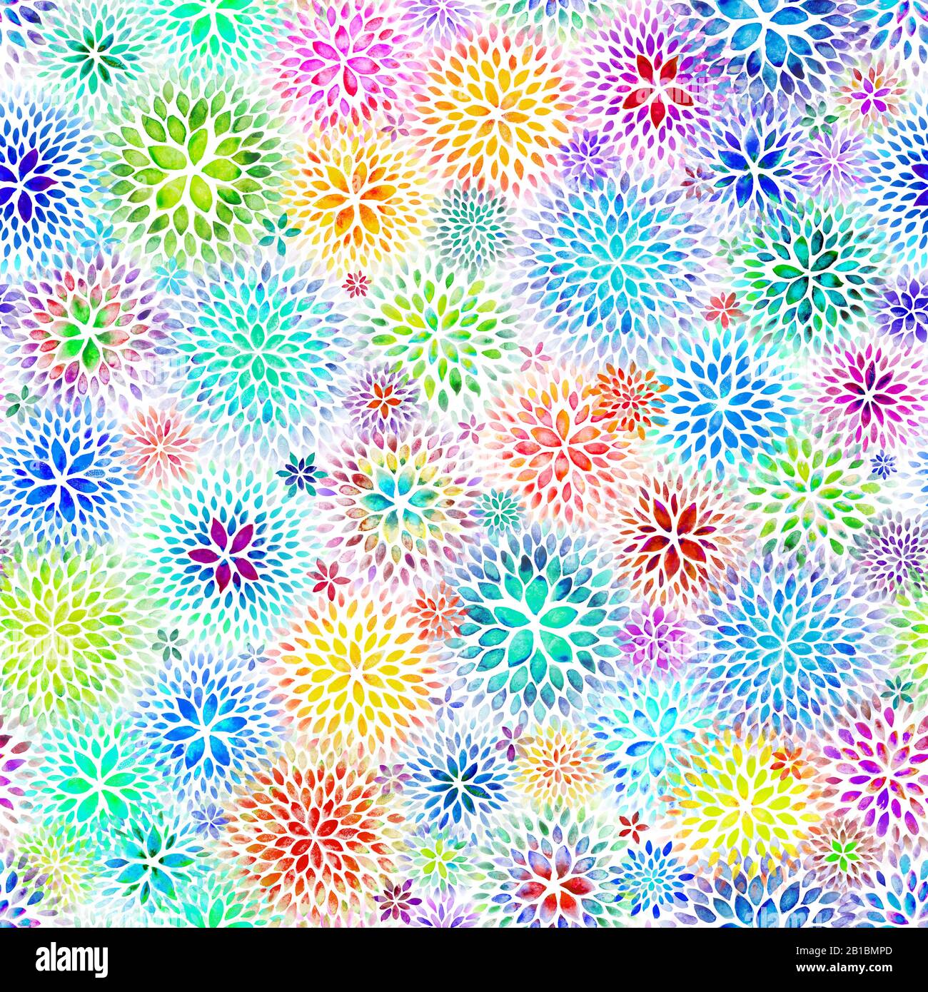 Nahtloses Muster von wasserfarbigen Chrysanthemumblumen mit wechselnden Farben, fotografiert in teilweise nasser Phase, wo die Papiertextur glänzende Höhen hat Stockfoto