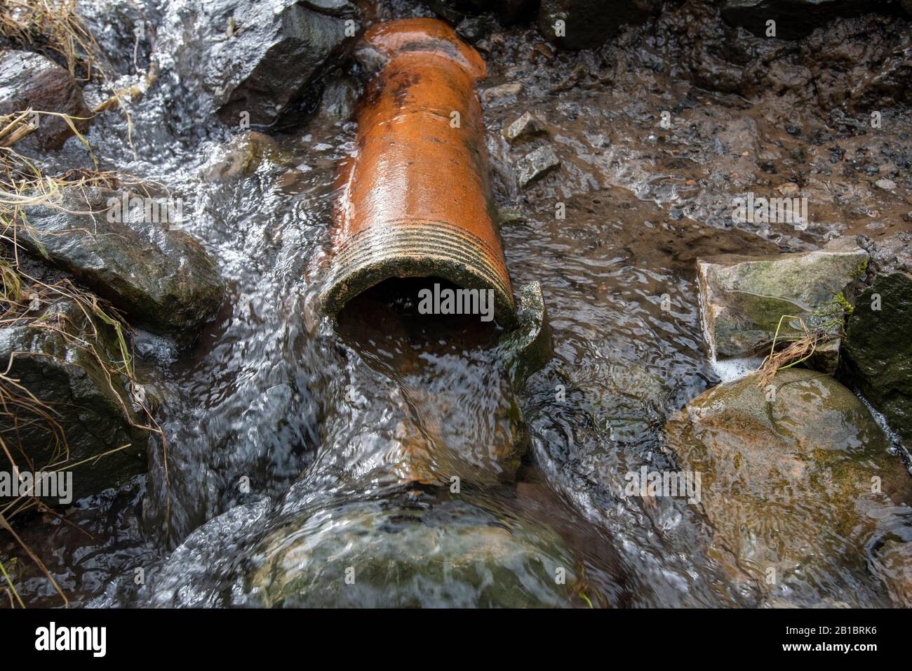 Wasser, das aus einem Abfluss am Straßenrand austrat. Yorkshire, Großbritannien. Stockfoto