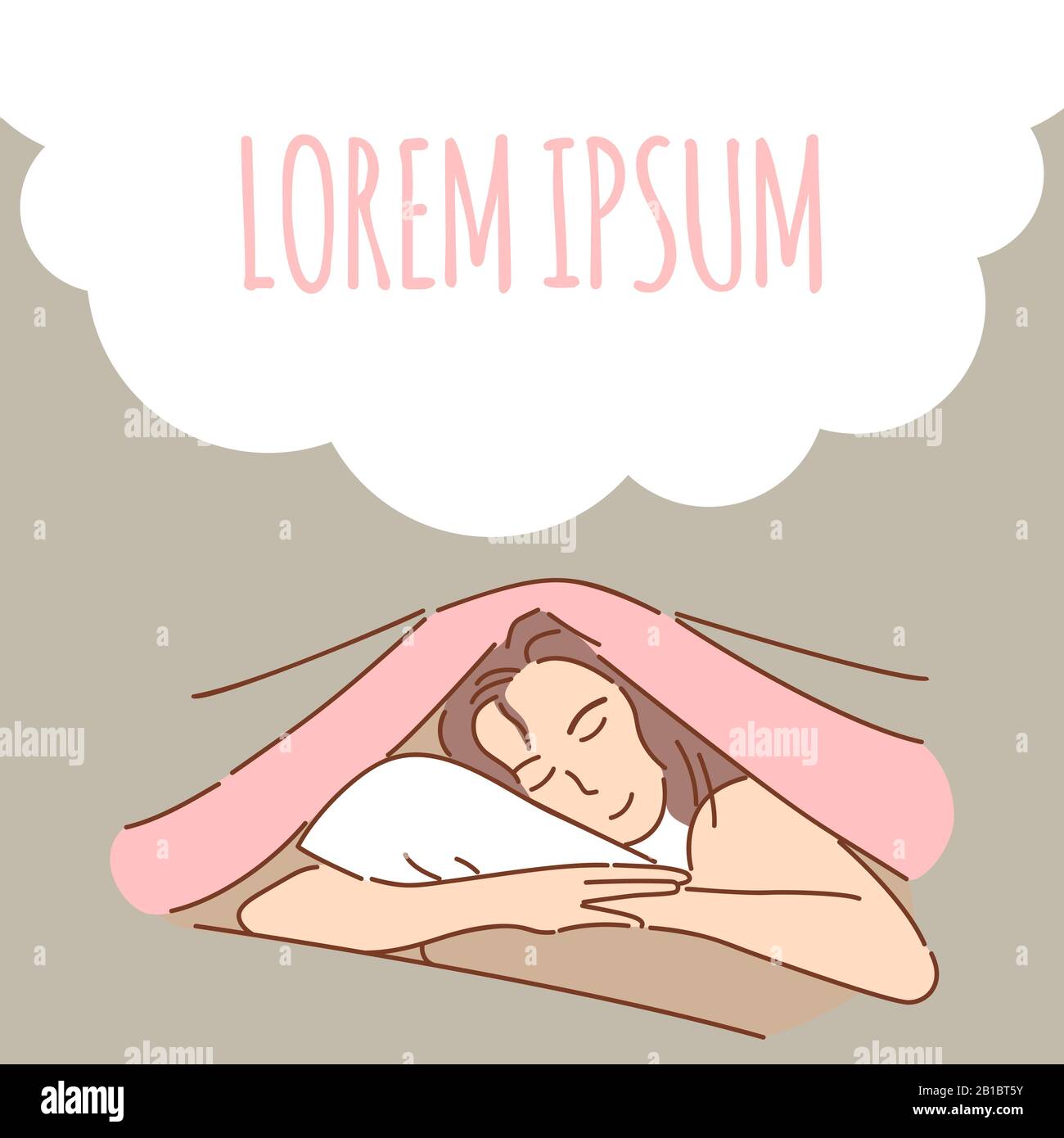 Frau in Nachtkleidung schläft im Bett unter Decke Vektor-Bannervorlage mit Textraum. Schlafender süßer Traum, friedlich, entspannte Cartoon-Outline-Illustration. Stock Vektor