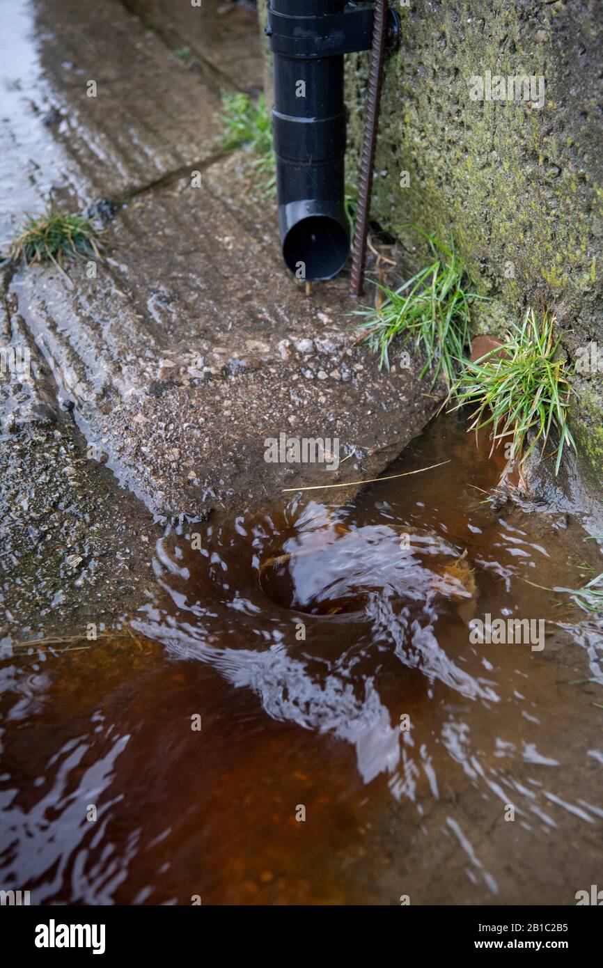Schmutzwasser von einem Hof, der nach einem Sturm einen Abfluss abführt. North Yorkshire, Großbritannien. Stockfoto