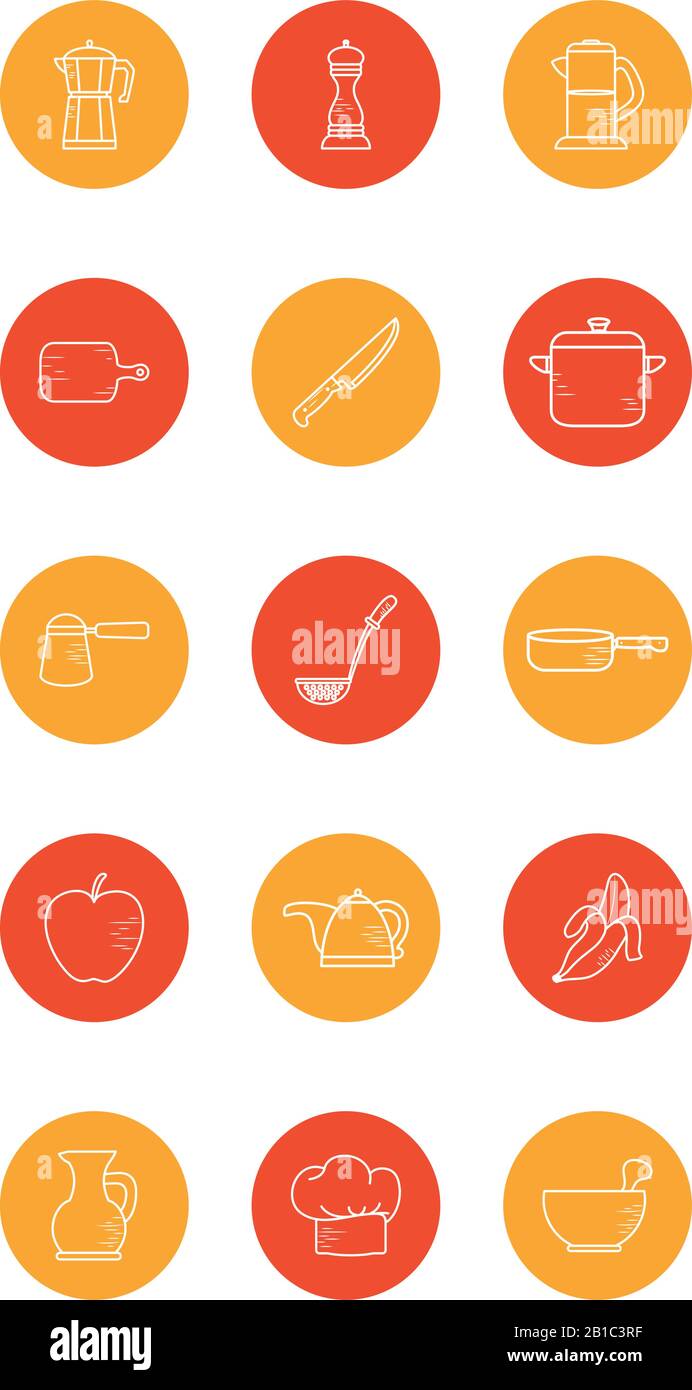 Block-Stil Icon Set Design, Cook Küche Essen Restaurant Home Menü Abendessen Mittagessen Kochen und Mahlzeit Thema Vector Illustration Stock Vektor