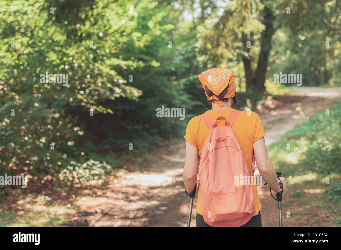 Frau Wanderer mit Trekking wandern Wald Wanderweg allein auf Sommer Tag, aktiven Urlaub Ferienhäuser Konzept Stockfoto