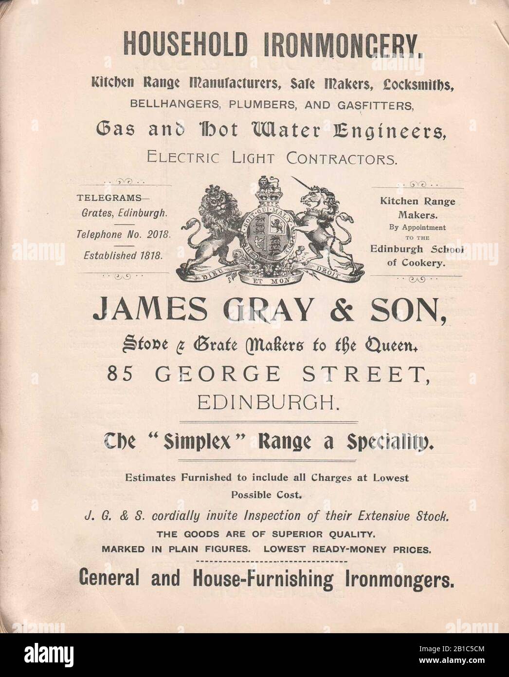 Furore und Furiererei von R. Russ Winkler, Furrier in Edinburgh, Princess Street (12 - Werbung James Gray & Son, Gas- und Heißwasseringenieure, Elektrolichtfirmen). Stockfoto