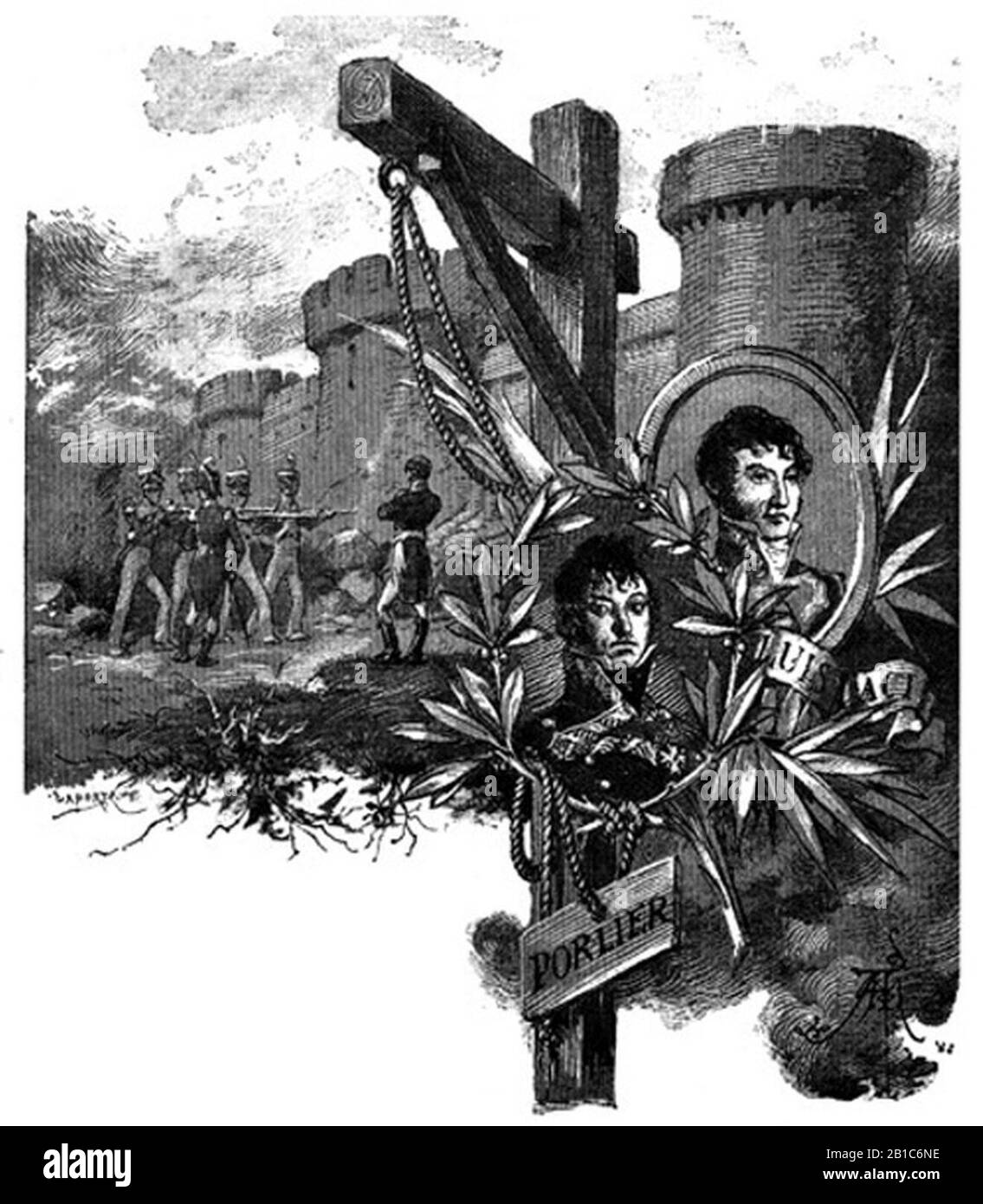 Fusilamiento del General Lacy. Medallones de Lacy y Porlier. Ilustración de 'La segunda casaca' de Galdós. Stockfoto