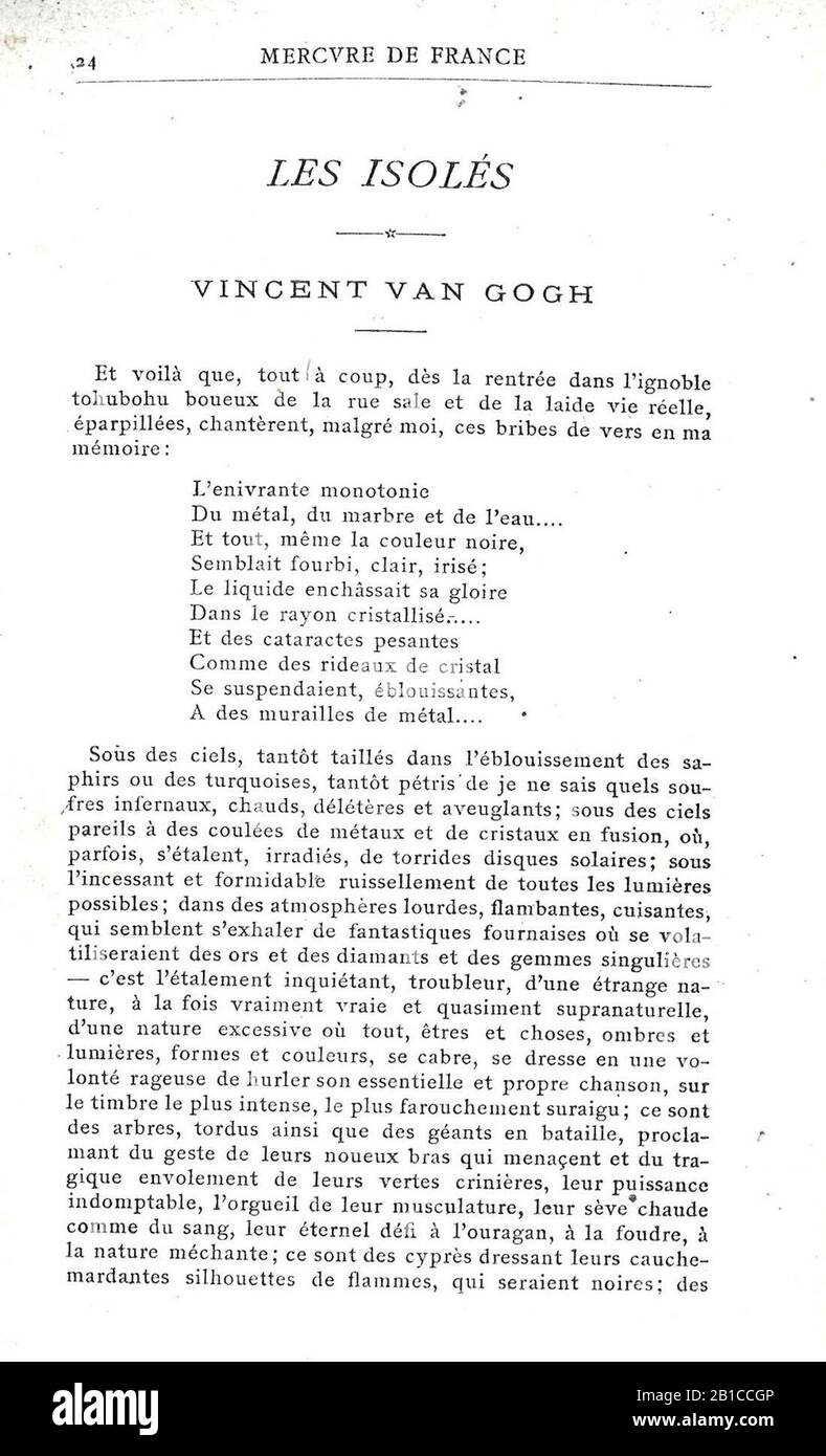 Gabriel Albert Aubrier - Les Isolés - erster Artikel über Vincent van Gogh - Mercure de France, Januar 1890. Stockfoto