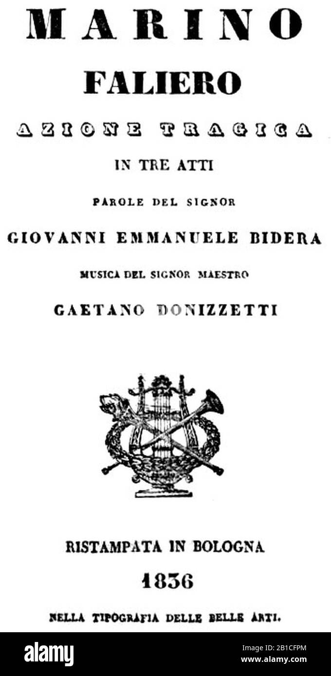 Gaetano Donizetti - Marino Faliero - Titelseite des Librettos, Bologna 182. Stockfoto