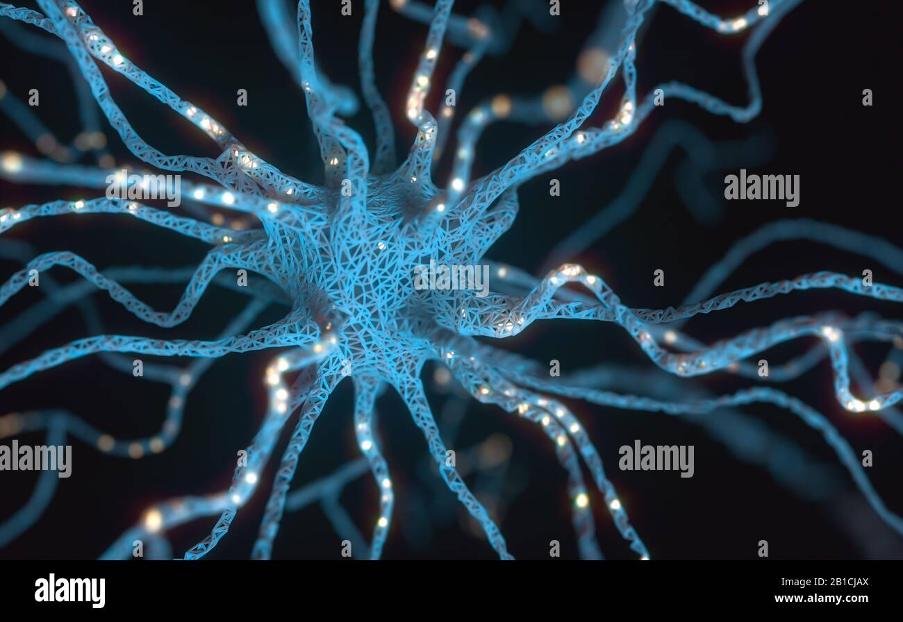 Konzeptionelles Bild eines Neurons, das mit elektrischer Ladung erregt wird. Konzept der Wissenschaft und Forschung des menschlichen Gehirns, 3D-Illustration. Stockfoto